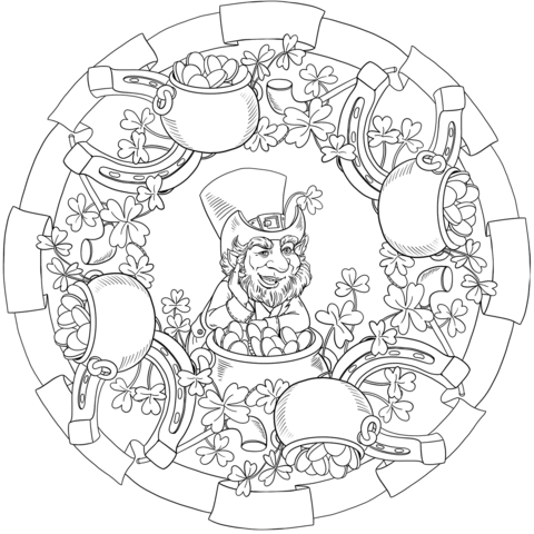 St. Patricks Day Mandala With Leprechaun And Pots Of Gold Coloring Page